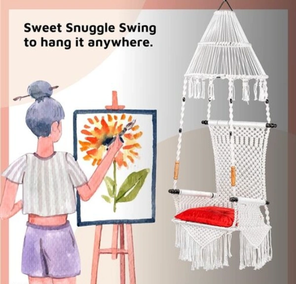The Elegant Curio Centre Premium Maharaja Hanging Swing - White with Polyester Ropes & Mild Steel Frame Chair with Heavy Duty Stainless Steel Hanging Accessories And Cushion has a unique design, -  Free Size, White,  Polyester Rope With Iron Frame,  Pack of 1